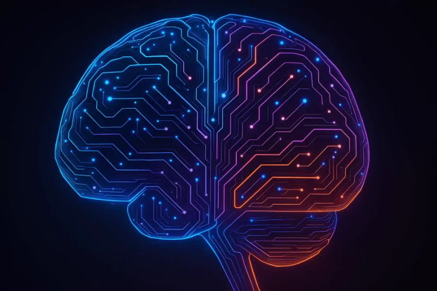 Illustration of a brain made of glowing circuit lines